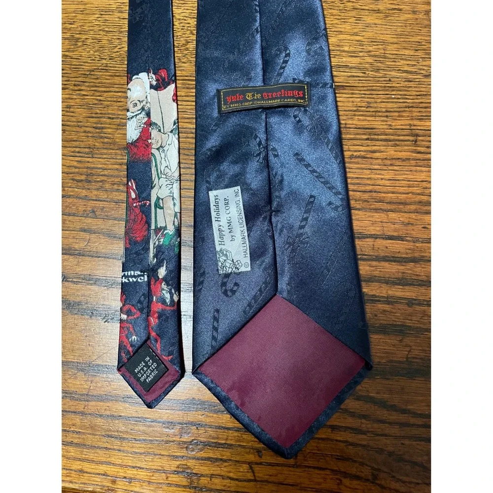 Hallmark Norman‎ Rockwell Christmas Holiday Scene Santa Kids Navy Silk Men's Tie